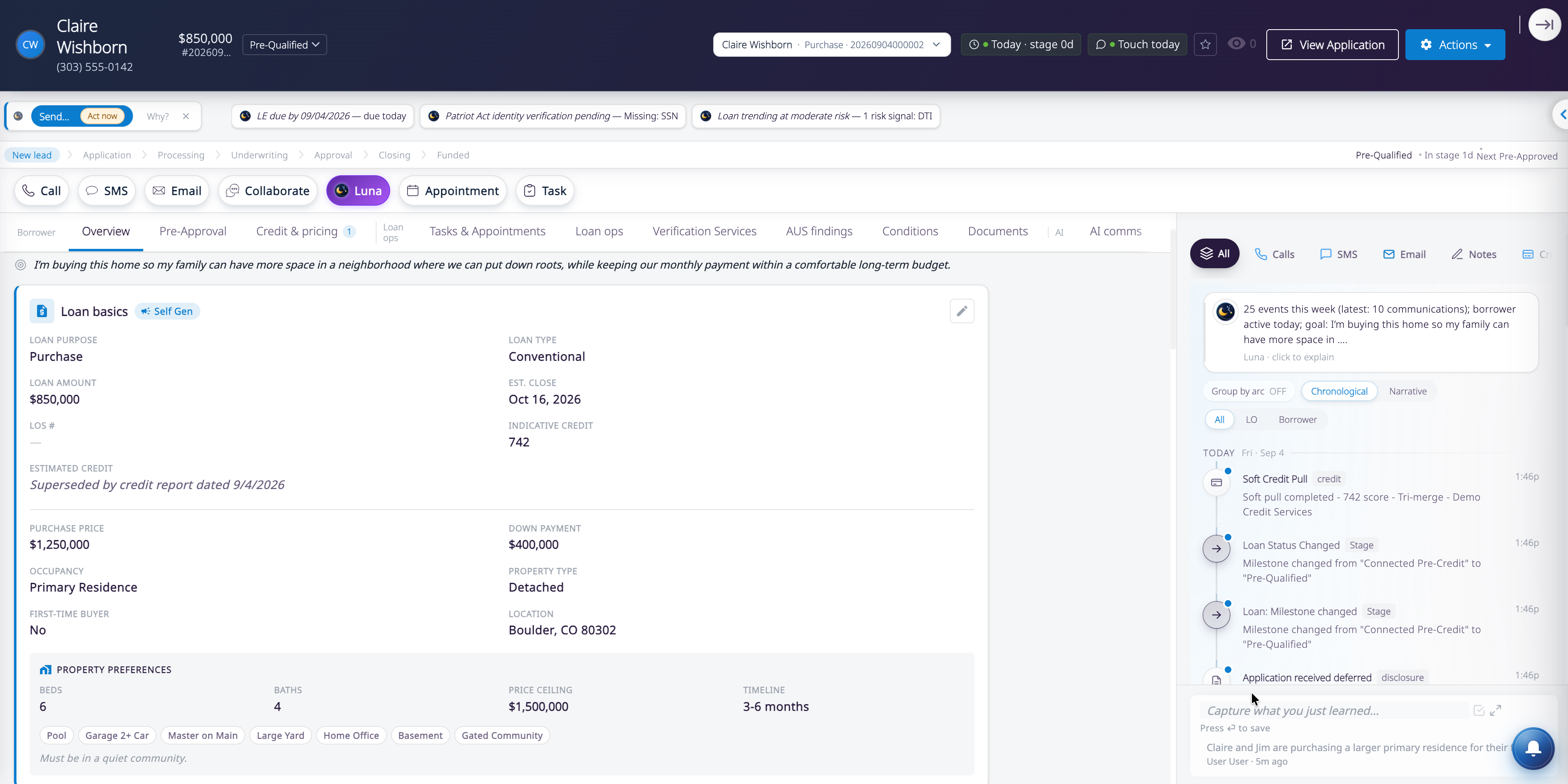 Claire Wishborn loan flyout in the Inflooens Mortgage OS — preferences, Loan Story, Luna on the file